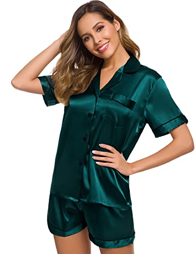 Image of SWOMOG Womens Button Down Silk Satin Pajamas Set Short Sleeve Sleepwear Loungewear 2 Pcs Pj Sets