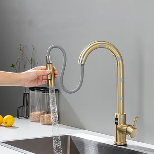 Touchless Kitchen Faucet, Sensor Activated Grey Tap with Single Lever Handle, Pull Out Spray, Temperature Display, Brushed Finish for Modern Kitchens