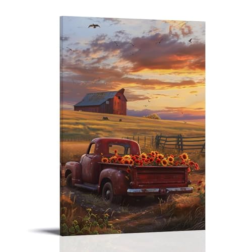Vintage Country Red Truck Sunflower Canvas Poster Wall Art -