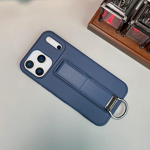Coque iPhone 17 Pro Max antichoc en silicone bleu avec anneau et support métal de luxe