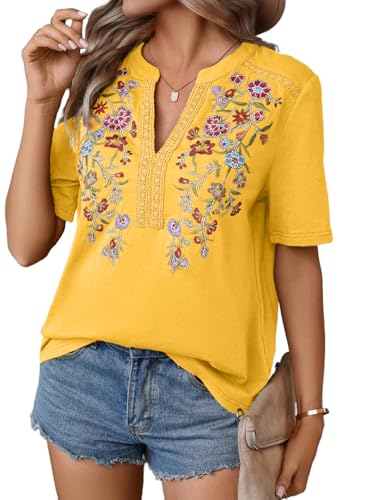 Mexican Shirts for Women Embroidered Tops Traditional Summer Blouse Floral Tunic V Neck Short Sleeve T Shirt Yellow