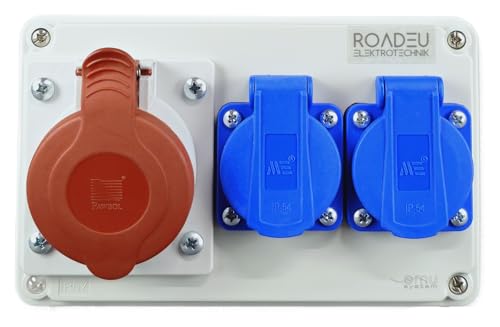 RoadEu - CEE Steckdose 16A und 2x Schuko Verteiler - Steckdosenverteiler - Stromverteiler 16A, IP44 Für den Innen- und Außeneinsatz Baustromverteiler 16A.