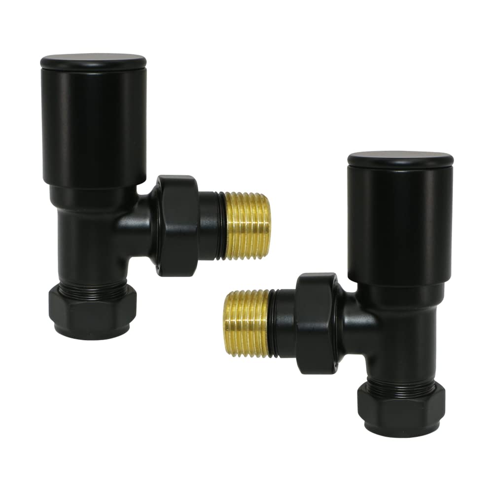 NRG Manual Valves Angled Round Head Black Towel Rail Designer Radiator Valves One Pair