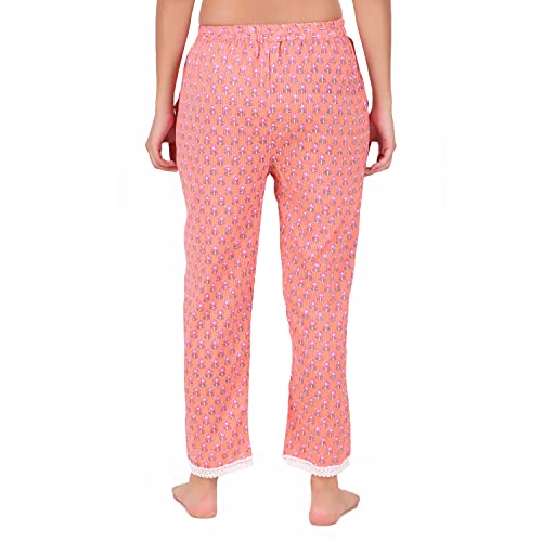 Image of Soulful Threads Women Peach Kantha Work Floral Printed Cotton Lounge Pant (ST152959)
