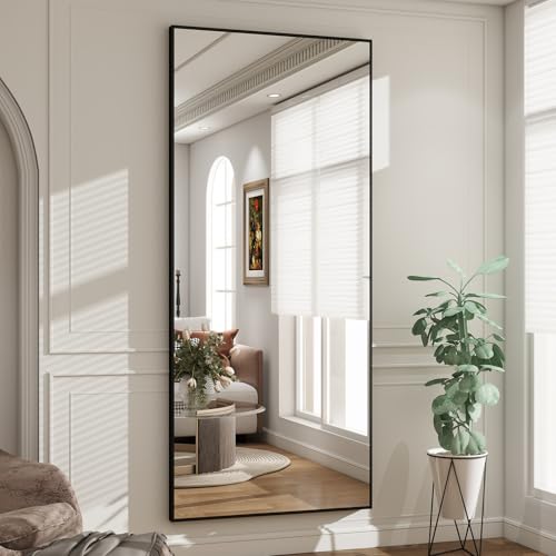 Image of BEAUTYPEAK Full Length Mirror with Stand, 65 inchx24 inch Floor Mirror with Aluminum Alloy Thin Frame, ShatterVue Tempered Full Body Mirrors, Free Standing or Wall-Mounted Mirrors for Living Room, Black