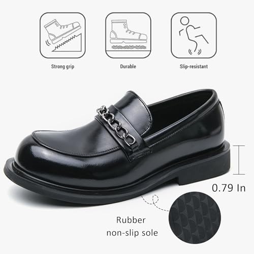 Men's Leather Metal Chain Low Block Heel Loafers Retro Wide Round Toe Comfortable Slip-on Non-Slip Dress Shoes for Wedding Business Party Driving Casual3
