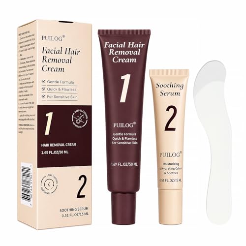 Image of Gentle Facial Hair Removal Kit for Women - 5 Min Painless Upper Lip & Chin Hair Remover - 1.69 + 0.51 FL Oz Depilatory & Soothing Cream - Safe for Sensitive Skin, Long-Lasting Smoothness