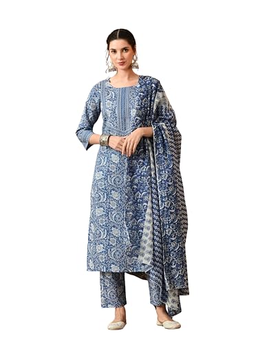 Image of Amazon Brand - Tavasya Women Cotton Anarkali Kurta Pant Dupatta Set | Printed Ethnic Suit Set | Flared Anarkali Kurta with Pant & Dupatta | Festive & Casual Wear