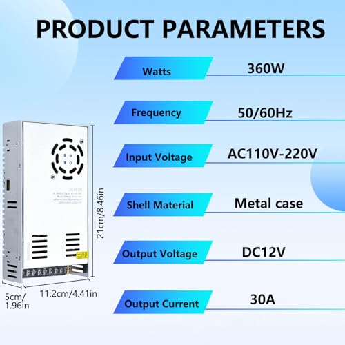 Image of 12V 30A 360W 110V AC to DC Regulated Universal Switching Power Supply, Transformer Adapter LED Driver for LED Strip Lights, CCTV Camera System, CCTV, Radio, 3D Printer