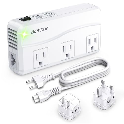 BESTEK Universal Travel Adapter 220V to 110V Voltage Converter with 0-2.4A 4 Port USB Charging and UK/AU/US/EU Worldwide Plug Adapter (White)