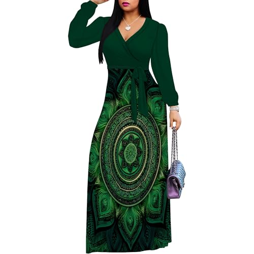 Image of Women's Plus Size Maxi Dresses Long Sleeves V Neck Floral Print Bohemian Swing Long Dress with Belt