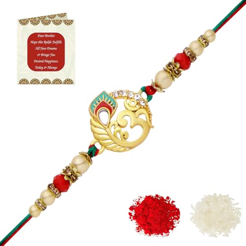 Image of Riddhika Ventures Glorious Gold Plated Auspicious Diamond Ring Rakhi with Roli Chawal and Greeting Card