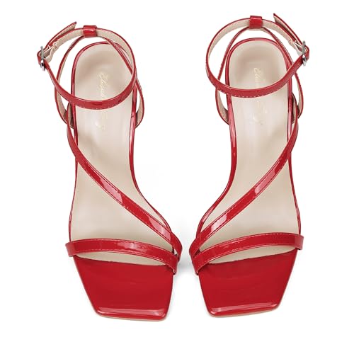 Image of Elisabet Tang Women's Crystal Stilettos Heeled Sandals, 4 Inch Square Open Toe Strappy Sexy High Heels Ankle Strap Buckle Heels for Party Wedding Dress Daily Wear Shoes