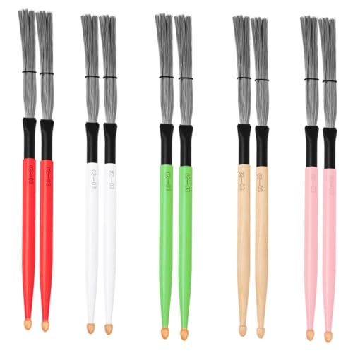 HEMOTON 5 Pairs Jazz Drum Brush Set Maple Wood Handle and Carbon Steel Wire Drum Sticks and Brushes for Beginners and Pros