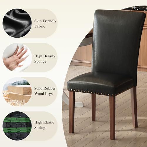 Image of COLAMY Parsons Dining Chairs Set of 6, PU Leather Dining Room Kitchen Side Chair with Nailhead Trim and Wood Legs - Black