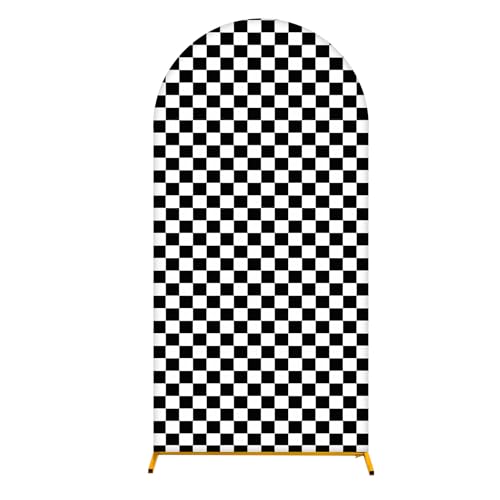 Arch Backdrop Cover 6FT Monster Truck Birthday Party Decorations Black White Checker Arch Covers Spandex Fitted Circle Car Racing Arch Backdrop Covers for Kid Boys Let's Go Racing Party Supplies