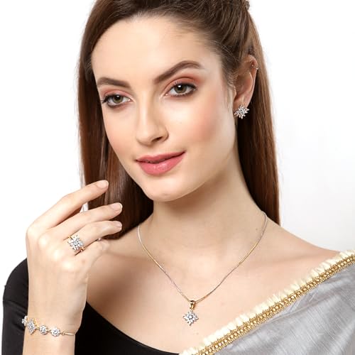 Image of ZENEME Jewellery Set for Women American Diamond Necklace Set with Earrings, Bracelet and Ring Jewellery for Girls and Women