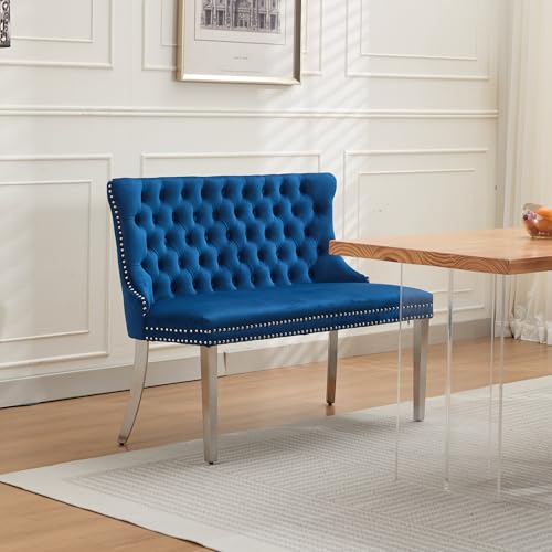 Image of 45.6''Velvet Dining Bench, Button Tufted Upholstered Dining Table Bench with Wing Highback, Nailhead Decoration, Small Loveseat Sofa with Silver Stainless Steel Legs, Mid Century Modern Seating, Blue