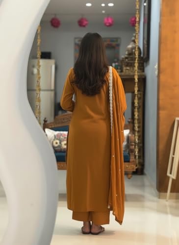 Image of ANNI Designer Women Rayon Viscose Straight Embroidered Kurta with Pant and Dupatta | 3 /4 Sleeve | V-Neck | Ethnic Kurta Set for Women