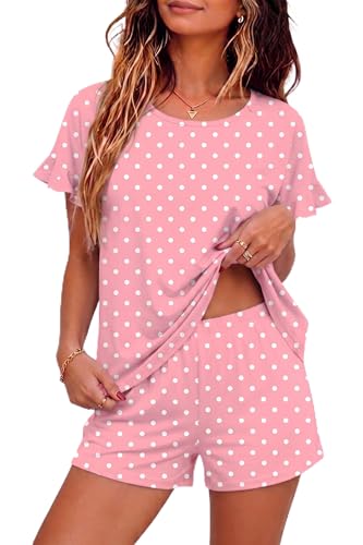 Image of Ekouaer Womens 100% Cotton Pajamas Set Ruffle Sleeves Top and Short Soft Sleepwear 2 Piece Lounge Set with Pockets