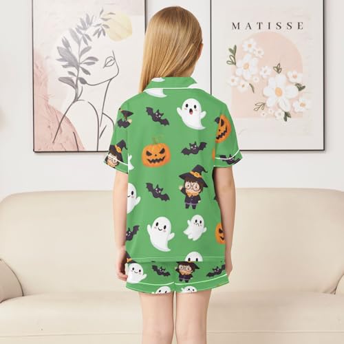 Satin Pajama Sets Short Sleeve Halloween Themed Cute Characters Button Down Silky Nightwear 2 Piece PJS 5-14Y4