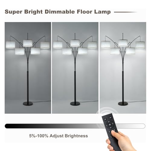Image of Floor Lamps for Living Room, 4000LM Super Bright Arc Floor Lamp with Remote Control, 5 Light Tall Floor Lamps with Stepless Dimmable, 80 inch Mid Century Tree Floor Lamp for Bedroom, Office
