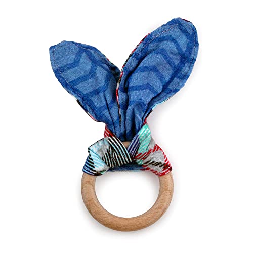 Image of Kanga Care Baby Soft Muslin Sensory Crinkle Bunny Ear Wood Teething Ring - Billy Plaid