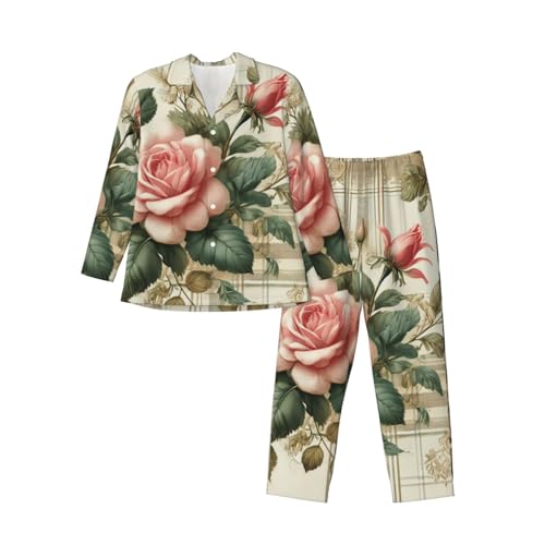 Mens Long Sleeves Pajama Set Floral-Plaid-Pink-Roses Cozy Two-Piece Loungewear For Nighttime Comfort,Casual Wear