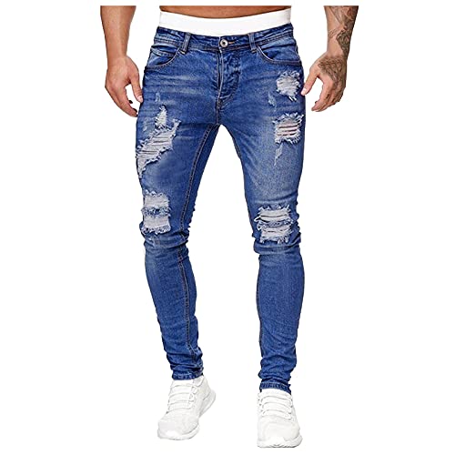 Nouveau Fashion Pantalons Homme 2022 - Jean Troué Skinny Slim Droit Pas Cher Déchiré Moulant Bootcut Bleu Clair Serré
