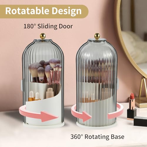 VacFreKep Makeup Brush Holder Organizer with Lid,360 Rotating Clear Dust Proof Makeup Brushes Organizer for Vanity Desktop Bathroom Countertop - Image 2