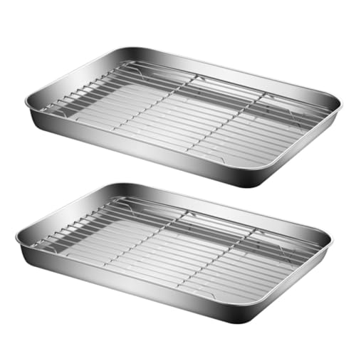 FRCOLOR 2セット ステンレス製ベーキングトレー ラック 錆びにくく多機能バット 揚げ物油切り 野菜洗浄 蒸し器対応 家用グリル調理器具