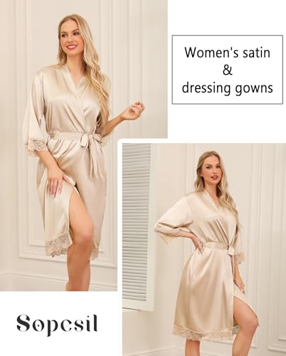 Sopesil Damen Satin Bademantel Unisex Morgenmantel Seide Leicht Kimono Bride V-Ausschnitt Morgenmantel für Spa Haus und Hotel, Champagner, M