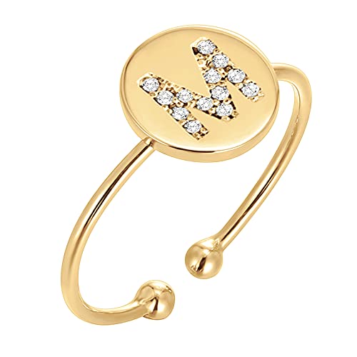 PAVOI 14K Yellow Gold Plated Disc Initial Adjustable Ring | CZ Initial Ring | Initial Rings for Women | M Initial Ring