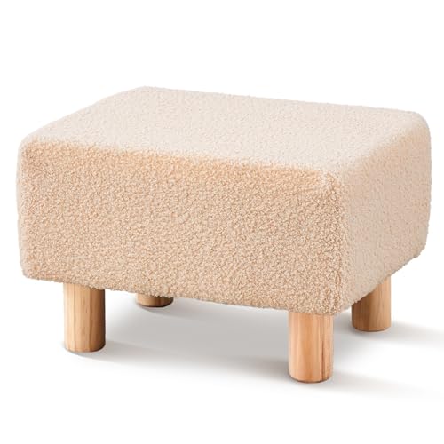 Image of Wimarsbon Ottoman,Modern Footrest with Soft Padded Seat,Teddy Velvet Foot Stool with Wood Legs,Small Square Pouf for Living Room，Bedroom and Office (Light Beige)