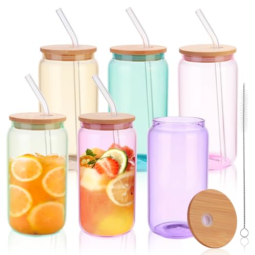 OELZWVN 6 Bicchieri con Coperchio e Cannuccia, 6 Colori da 550 ml con Coperchio, Bicchieri da tè a Bolle, Bicchieri per Frullati a Forma di Lattina, Bicchieri da Caffè, Cocktail