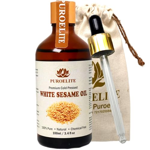Image of Premium Cold Pressed White Sesame (Til ka tel) 100% Pure & Natural for, Face, Hair, Glowing Skin, Pain relief, Glass bottle with dropper, 100 ml
