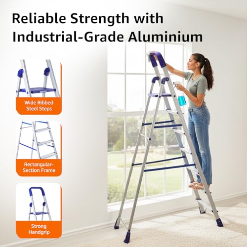 Image of Amazon Basics Clamber Pro - Foldable 7 Step Ladder, Firm Grip, 7 Steps (Aluminium Steps, Blue & Satin)