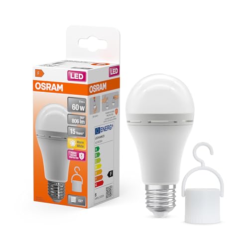 OSRAM Lampada da campeggio a LED con batteria ricaricabile integrata, luminosa come le lampade convenzionali da 60W, luce bianca calda (2700K), ideale per giardino o come illuminazione di emergenza