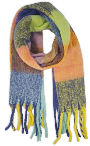 styleBREAKER Damen Webschal mit Karo Muster | Langer Schal mit dicken, langen Fransen | weicher Winter Strickschal warmes Material Stola, Farbe:Mint-Violett-Gelb