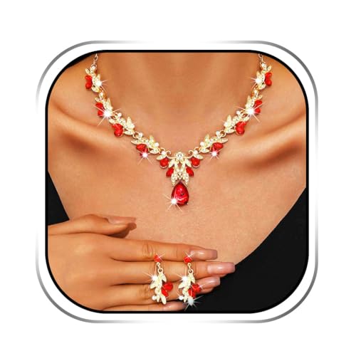 Sixexey Bridal Wedding Jewelry Set Gold Crystal Rhinestone Neck Jewelry Prom Costume Jewelry Necklace for Women (Red Crystal)