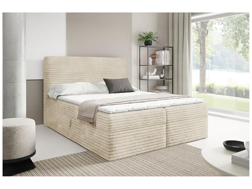 MEBLINI Boxspringbett mit Bettkasten - 160x220 - H4/Beige Cordstoff - Talia - Gepolstert Doppelbett mit Matratze und Topper - Polsterbett mit Stauraum - Bett mit Kopfteil - Stauraumbett