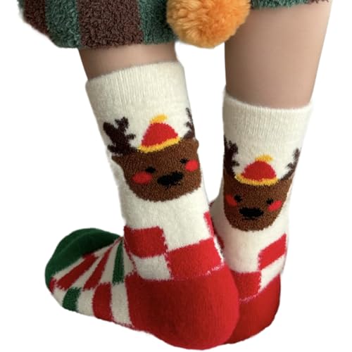 Calcetines unisex de Navidad con patrón de dibujos animados de forro polar con tubo medio caliente engrosados borrosos calcetines de dormir de piso calcetines de media media para mujeres, Elk, Talla
