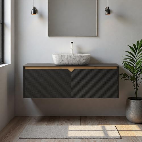 Image of Floating Bathroom Vanity with Sink, 48 inch Bathroom Storage Cabinet with Sintered Stone Countertop & Marble-Pattern Ceramic Basin, Modern Wall-Mounted Vanity with 2 Twill Pattern Doors, Black