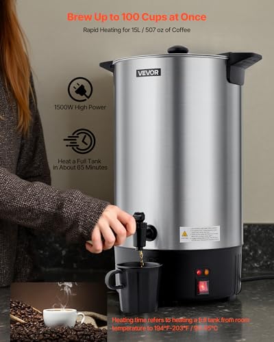 Image of VEVOR Commercial Coffee Urn, 100 Cup 15 L Hot Beverage Dispenser with Dripless Faucet, Quick-Brewing Stainless Steel Large Commercial Coffee Maker, for Catering, Business, Party, Church & Restaurant