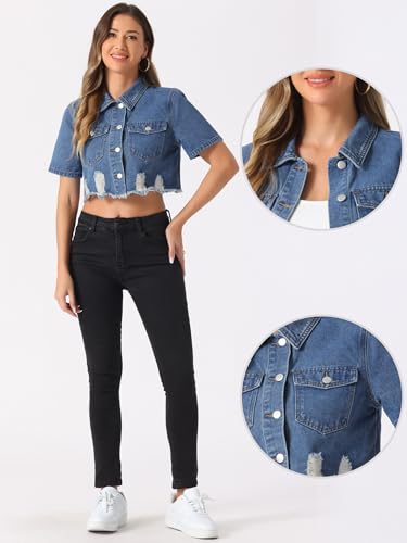 Allegra K Cropped Denim Jacket for Women's Short Sleeve Button Down Frayed Short Jeans Jackets2