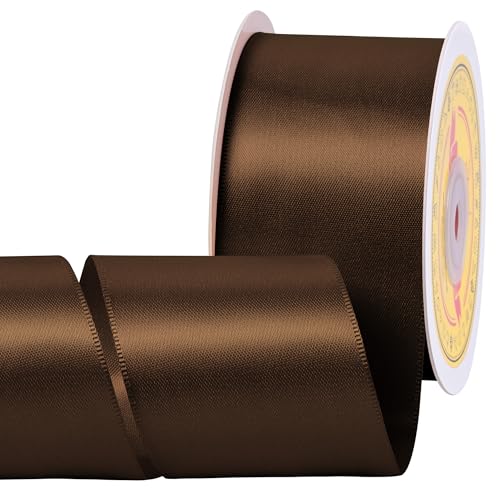 Image of Double Face Brown Satin Ribbon 2 inch X 25 Yards Polyester Brown Ribbon for Gift Wrapping Very Suitable for Weddings Party Invitation Decorations and More