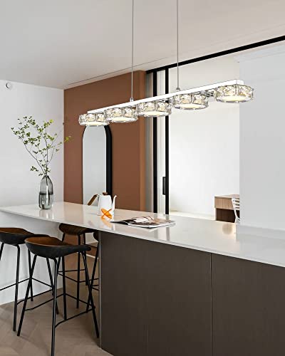 Pasentel Farmhouse 5-Light Crystal Led Linear Chandeliers, Modern Chrome Pendant Lighting For Kitchen Island Dining Room Pool Table, Dd001-Ch #TOP6