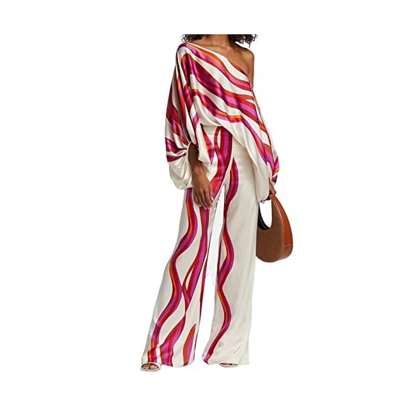FHNUVB Women's Summer Casual 2 Piece Outfits Off Shoulder Printed Elegant Long Sleeve Going Out Loose Wide Leg Pants Set