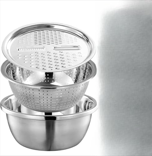 水切りボウル 3個セット ステンレス製 耐熱/深型設計 28cm キッチンボウル ざる付き 米洗い/野菜洗い/サラダ調理に 多機能調理器 重ね収納可能 直接加熱Tufduzo (シルバー,26cm)