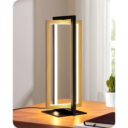 EDISHINE LED Table Lamp, Minimalist Bedside Lamp with 3 Color Temperature, MAX 850LM Stepless Dimmable, Switch Control Nightstand Lamp for Living Room Bedroom, Angle Adjustable Wood Grain Or